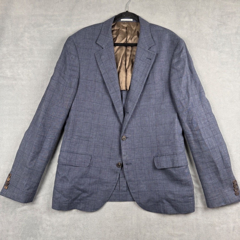 Brunello Cucinelli Blue Windowpane Wool Linen Silk Sport Coat Blazer 54 ITMH4697